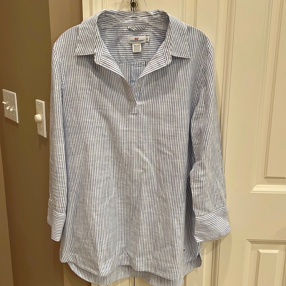 Vineyard Vines Navy Stripe Popover Tunic Top Size Medium, EUC